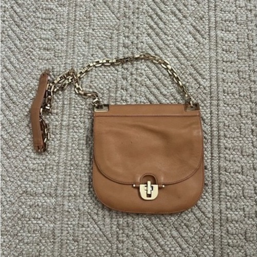 Tory Burch Marion Quilted Tan Leather Shoulder Bag Gold Chain Link Logo Flap